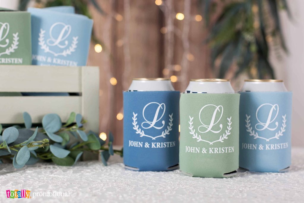 blue and green customized wedding koozies