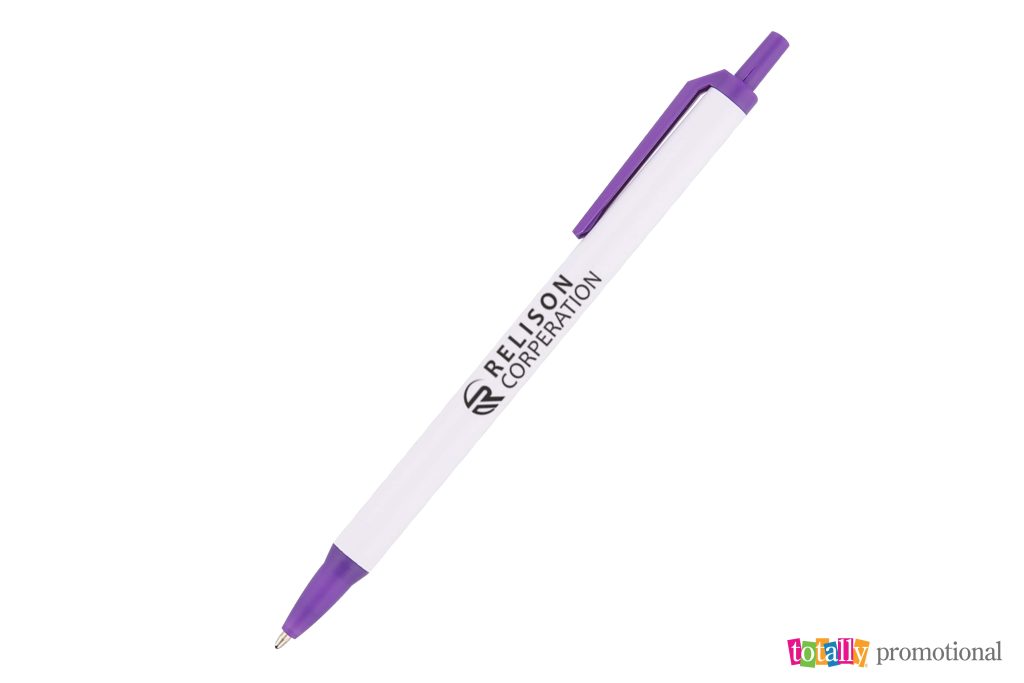 purple and white plastic promotional pen