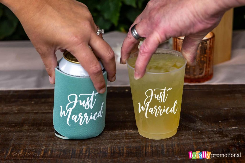 wedding koozie and plastic cup with just married design