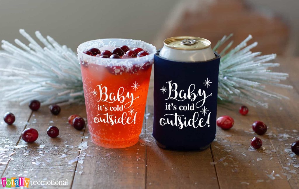frosted cup and navy can cooler with winter imprints