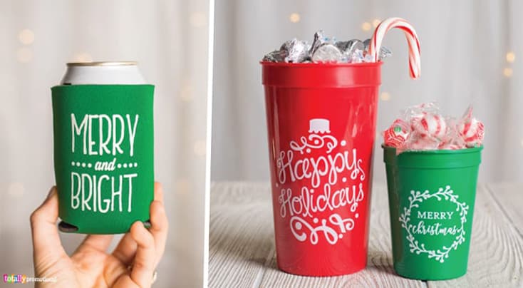 red and green Christmas can coolers and plastic cups