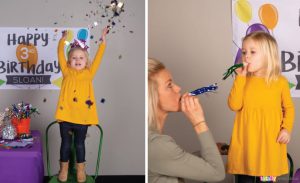 child celebrating wand mother and child with party horn noise makers
