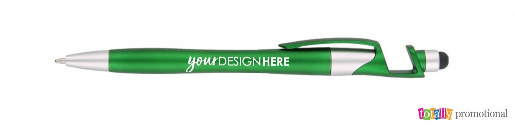 green and silver advanced phone house stylus pen with "your design here" logo on barrel of pen
