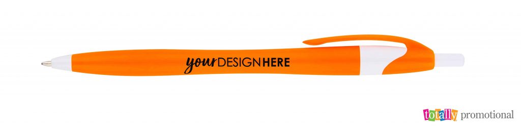 orange and white bex pen with "your design here" logo on barrel of pen