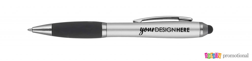 silver and black magnolia pen with "your design here" logo on barrel of pen