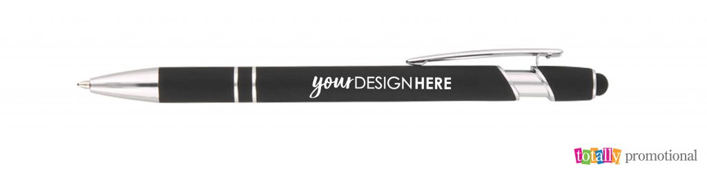 black and silver ascent style engraved pen with "your design here" logo on barrel of pen