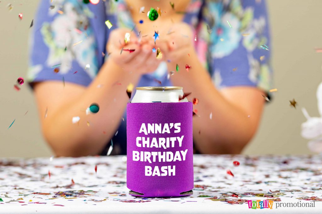 charity birthday party koozie