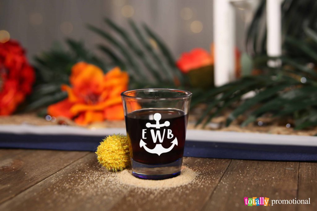 beach wedding favor shot glass with anchor and monogram