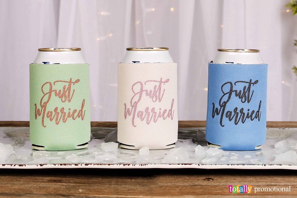 just married sparkly koozies
