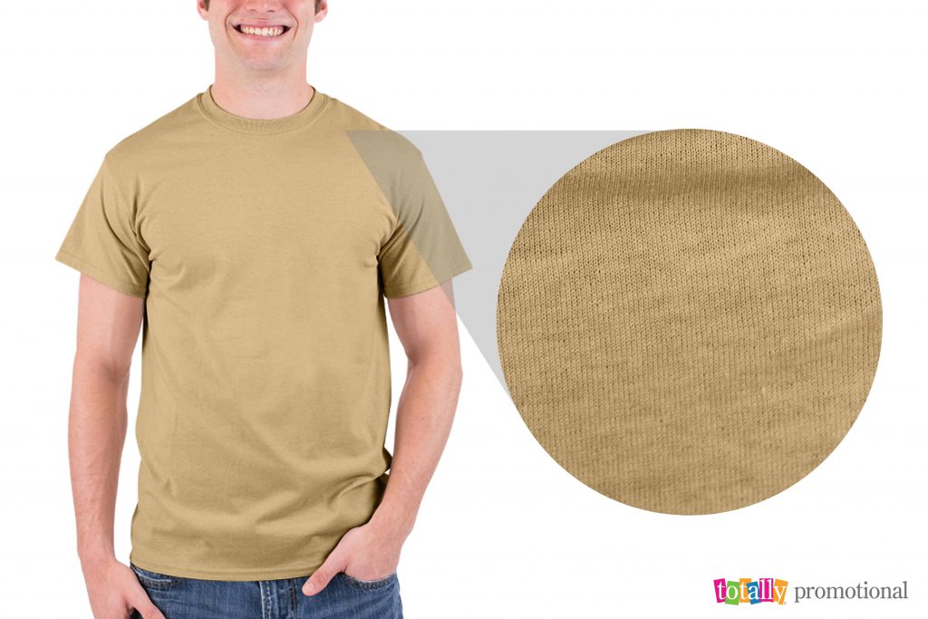 sand colored gildan dryblend t-shirt with close up of fabric