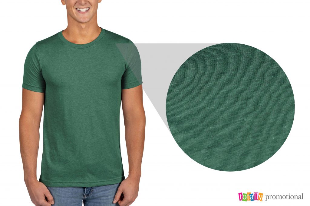grass green colored bella+canvas triblend unisex t-shirt with close up of fabric