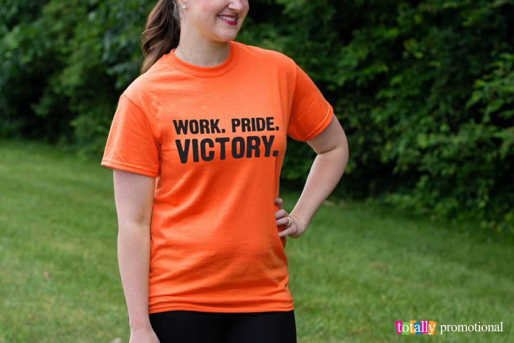 woman wearing custom printed orange t-shirt