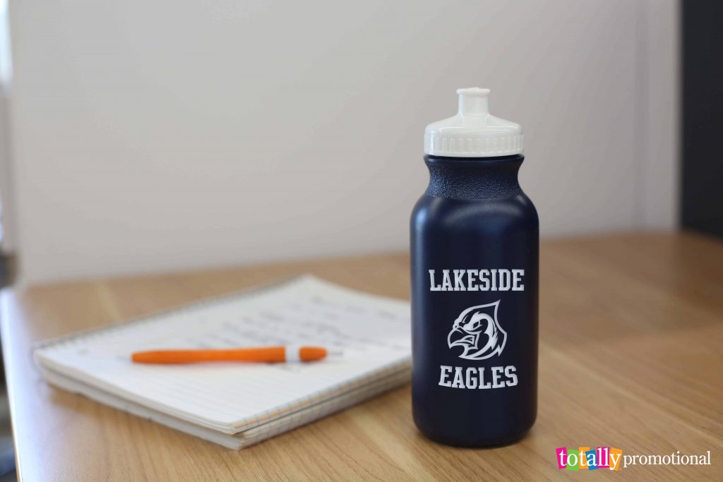 custom navy water bottle with school mascot and logo