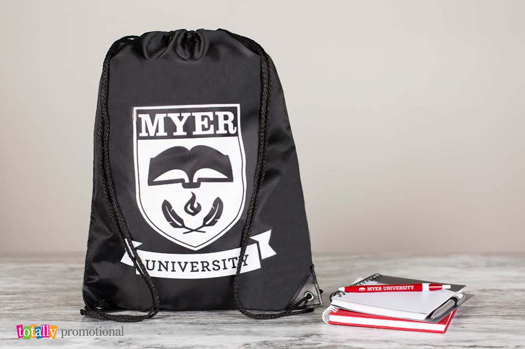black custom drawstring bag with university logo