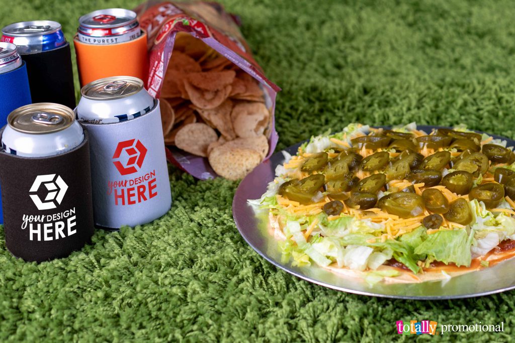 koozies with a game-day snack and chips