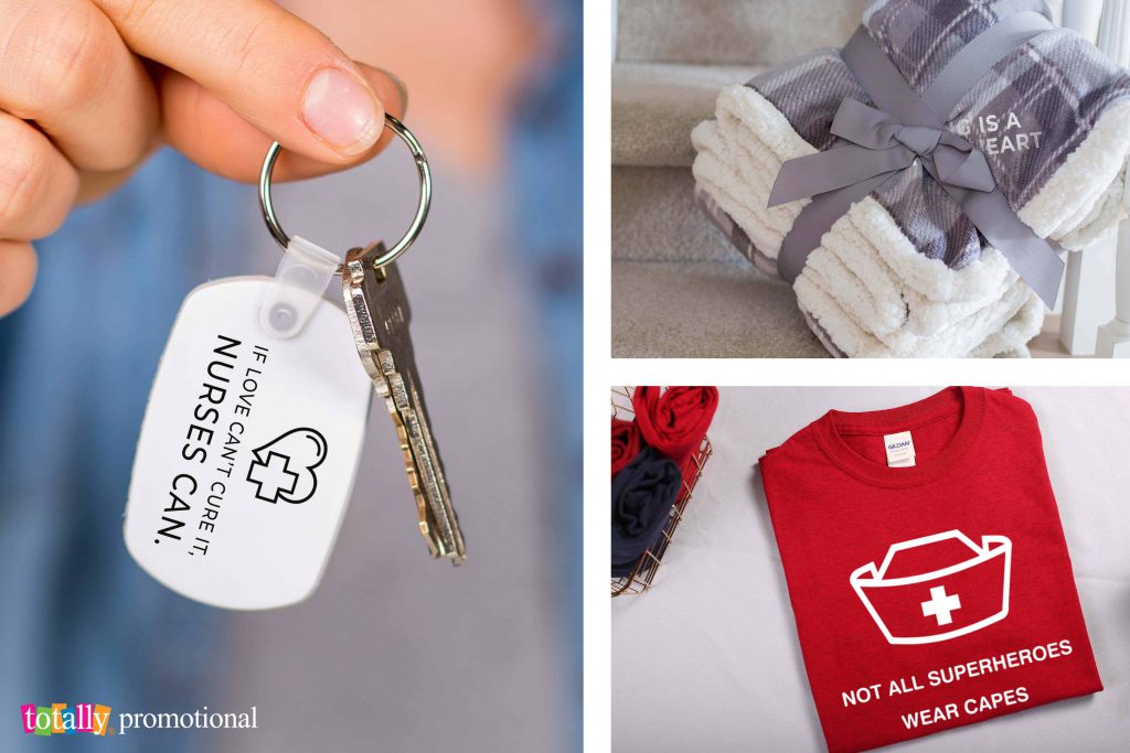 keychain, blanket and t-shirt with motivational quotes for healthcare