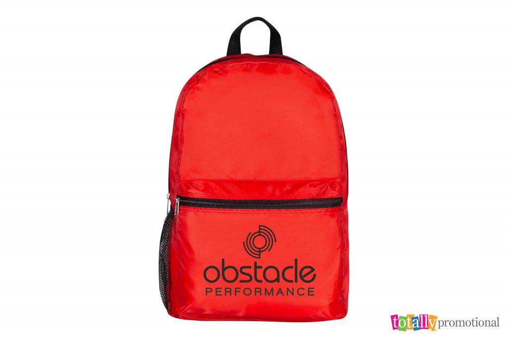 red backpack customized with business logo