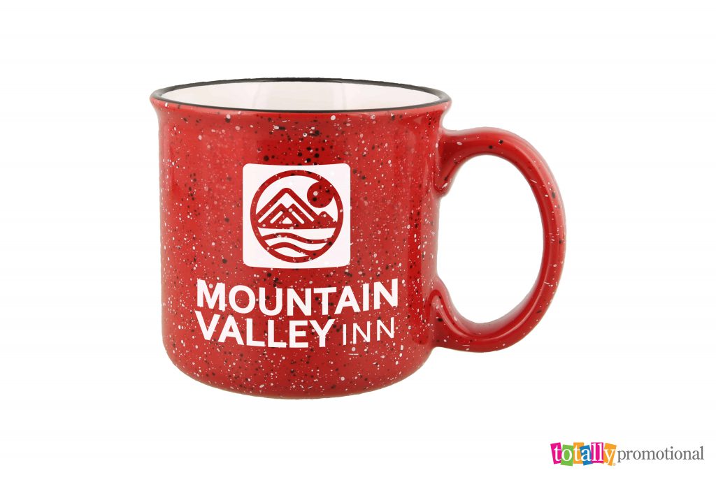 red custom ceramic mug with resort imprint