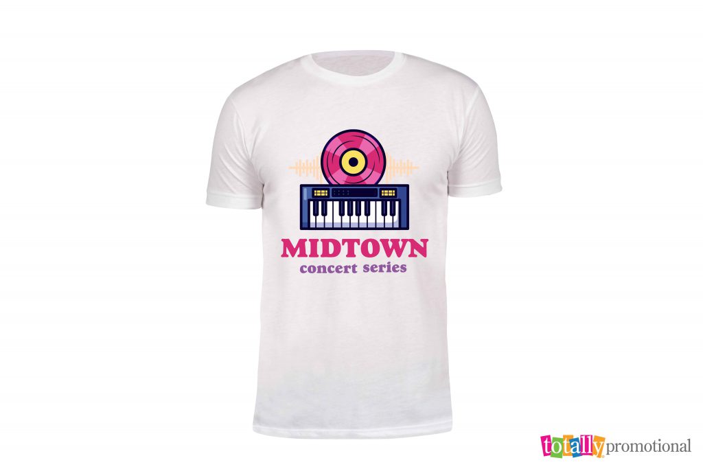 custom white t-shirt with concert series logo