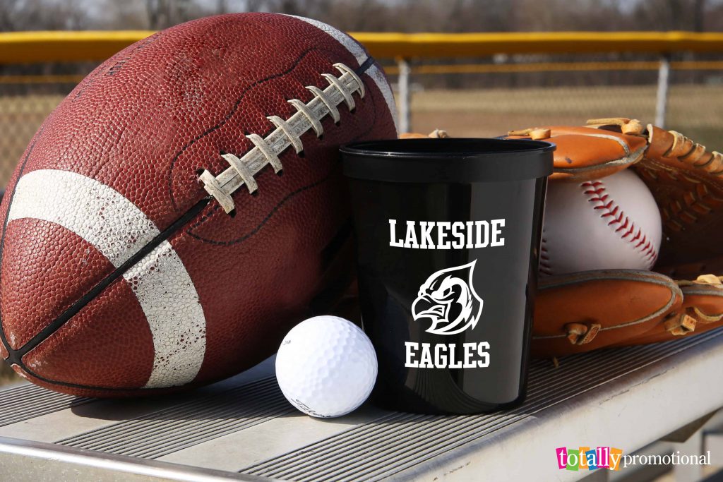 school and mascot design stadium cups with football, golf ball and baseball on bleachers