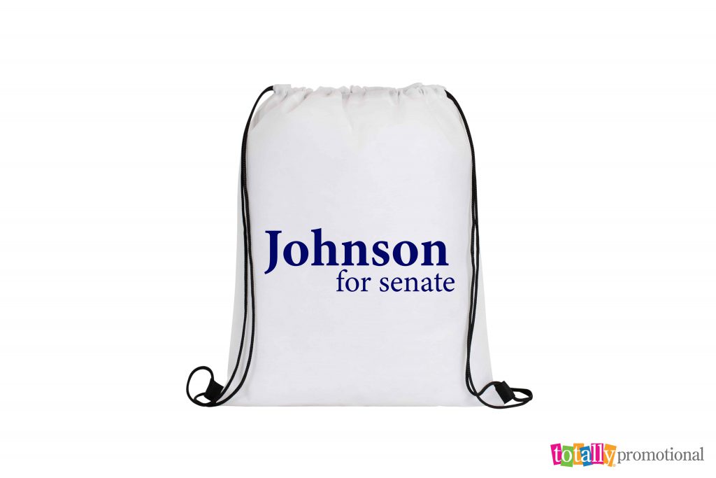 white drawstring bag with johnson for senate political imprint