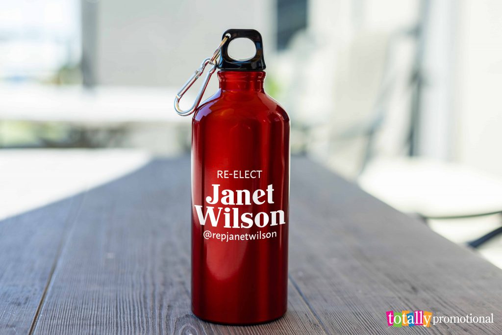 red aluminum water bottle with political imprint