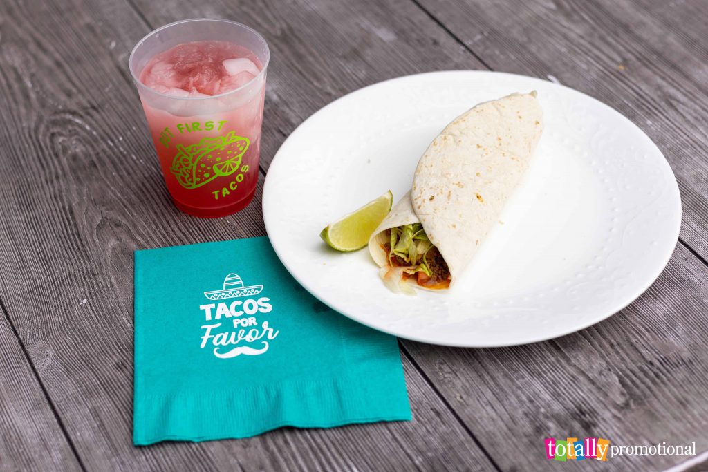 custom frosted cups and custom napkins for taco bar