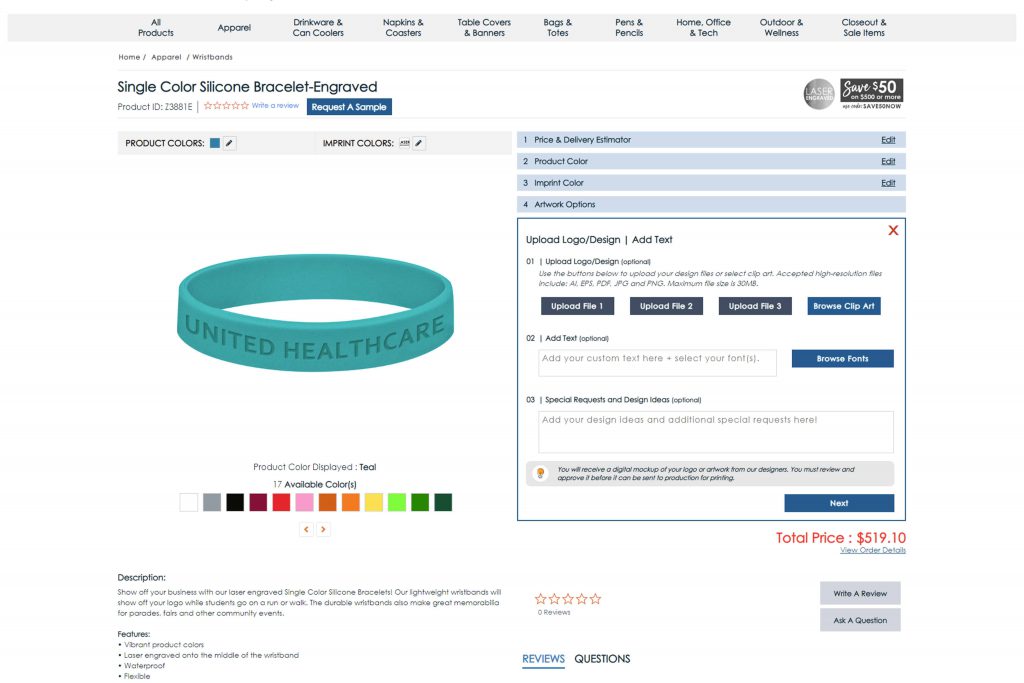 order details for customized wristbands at Totally Promotional