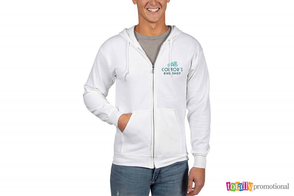 custom embroidered white gildan heavy blend zip-up hoodie