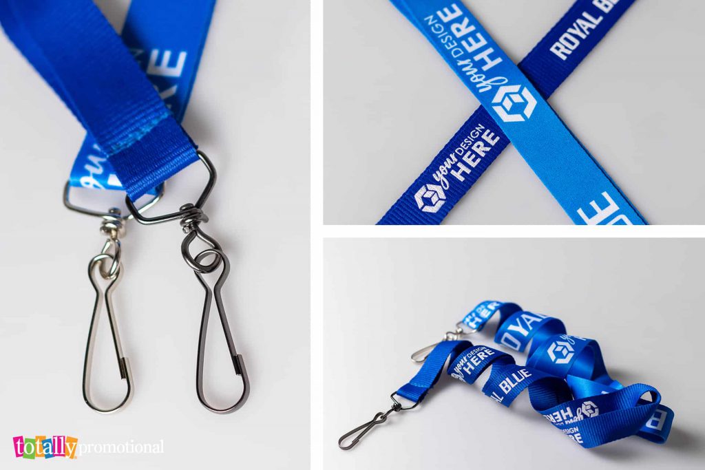 collage of customized lanyard showing the different features