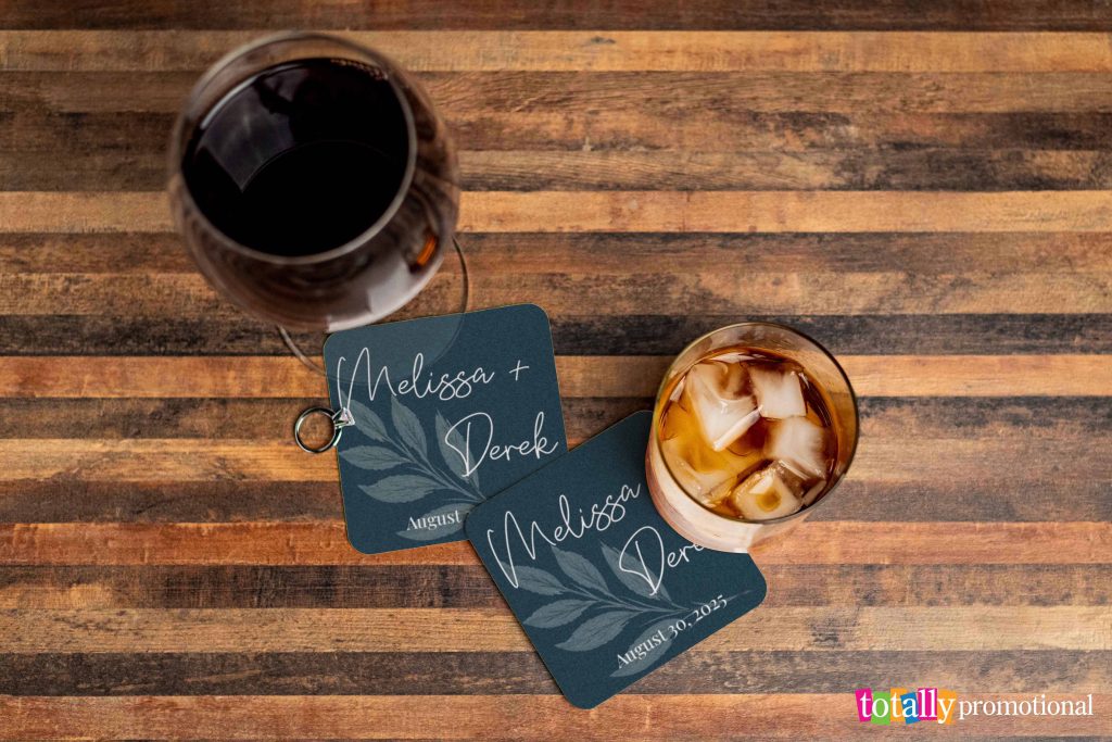 customized wedding coasters announcing engagement