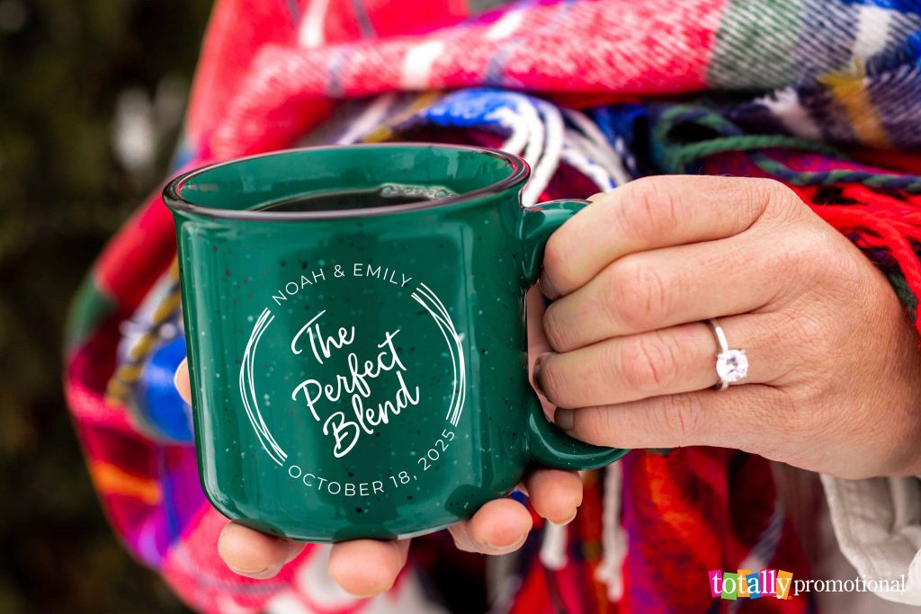 woman holding a customized mug for a wedding engagement 