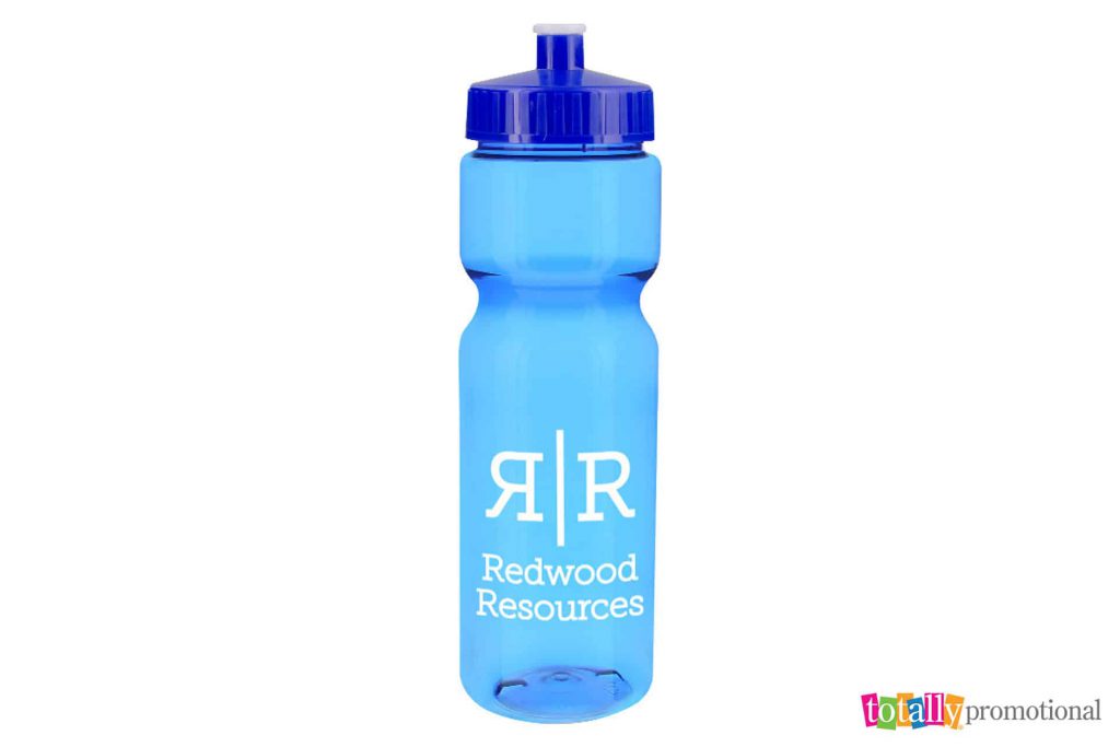 blue promotional water bottle with a business logo