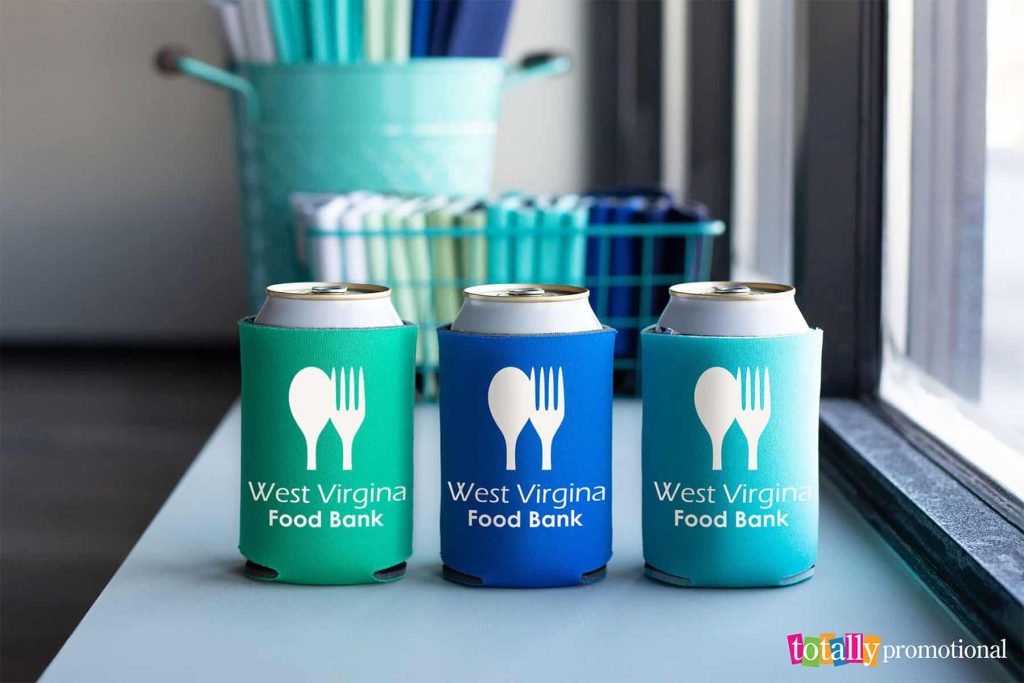 custom koozies for a food bank in various colors of blue