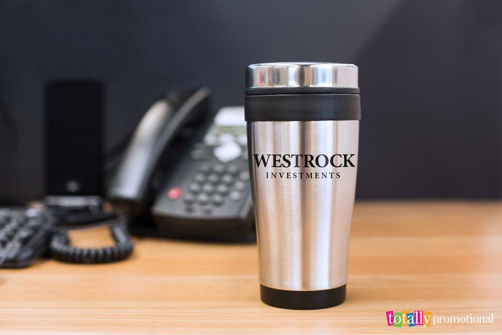 promotional stainless steel tumbler on a desk