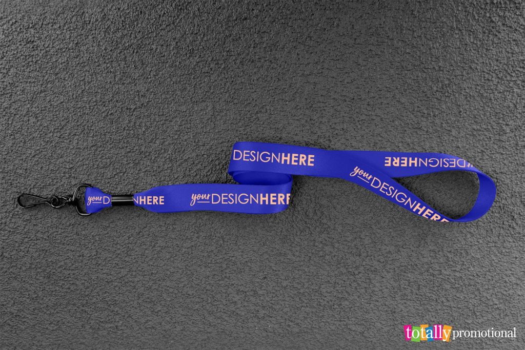 customizable blue lanyard with a peach fuzz colored imprint