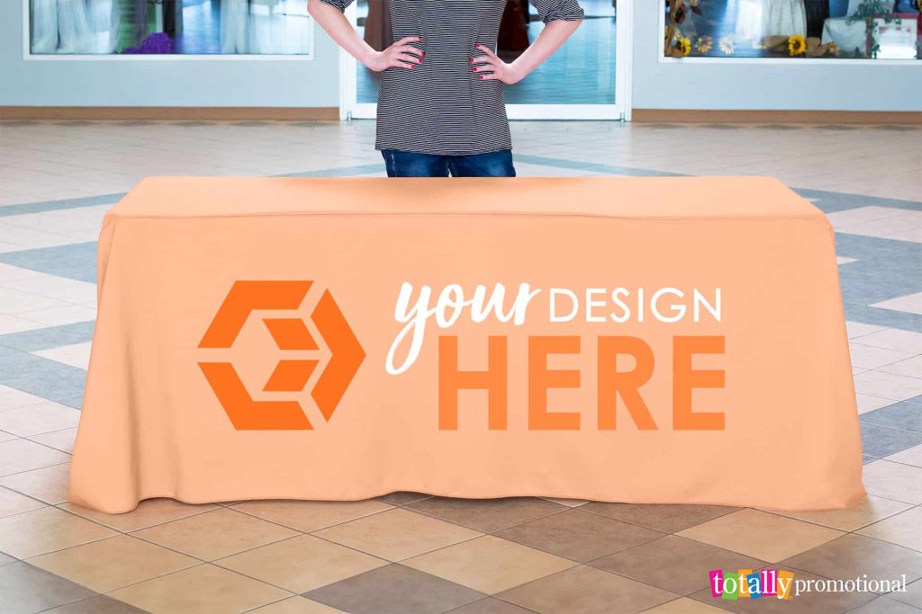 peach fuzz colored table cover with customizable logo