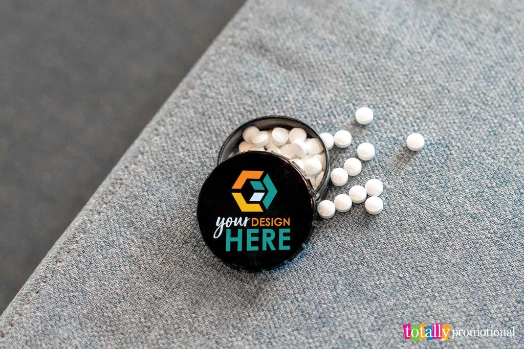 customizable black tin full of mints for trade shows
